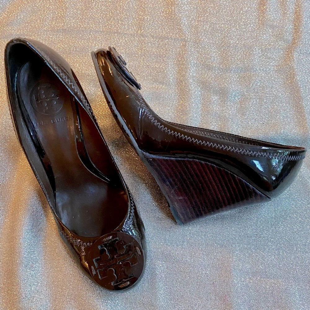 Tory Burch Chocolate Brown Patent Leather Wedge Heels